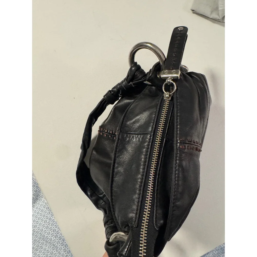B. Makowsky Y2K Black Leather Hobo Bag Brown Whipstitch Silver‎ Ring Hardware